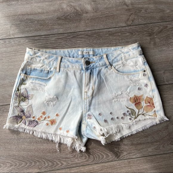 Dex Light Wash Distressed Embroidered Denim Shorts - Picture 1 of 12